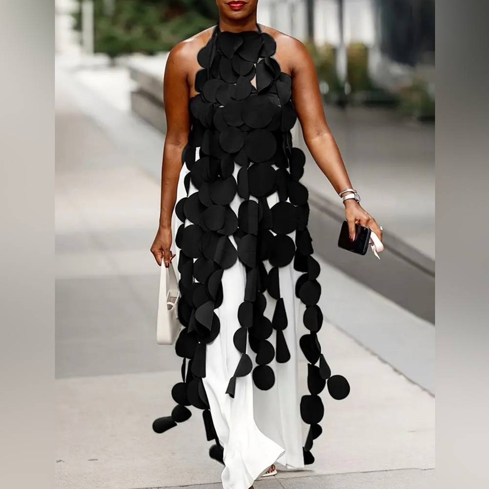 Rose Sheer Panel Backless Maxi Dress Boho Halter Neck Tunics - Picture 6 of 7